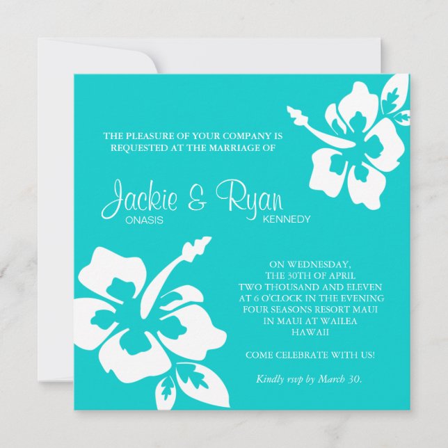 Beach Wedding Invitation Hibiscus Flower Blue (Front)