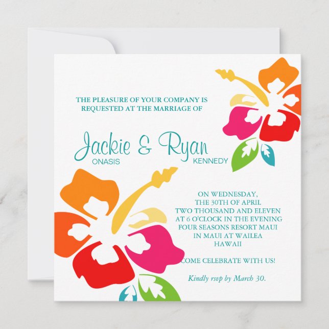 Beach Wedding Invitation Hibiscus Flower Colorful (Front)