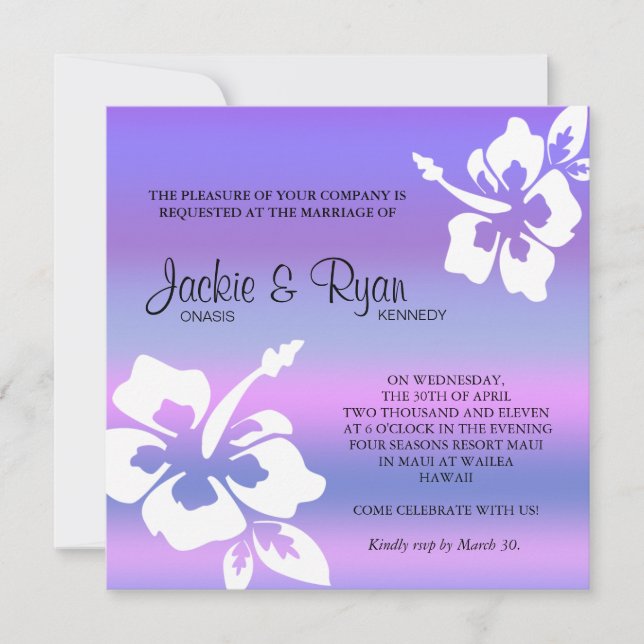 Beach Wedding Invitation Hibiscus Purple Pink (Front)