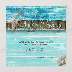 Beach Wedding Invitation Seashell Blue Wood