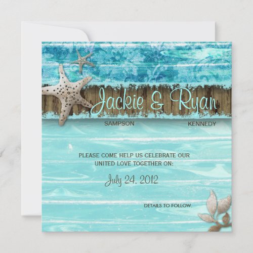 Beach Wedding Invitation Seashell Blue Wood