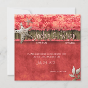 Beach Wedding Invitation Seashell Coral Red