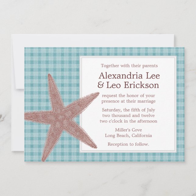 Beach Wedding Invitation - teal checkers (Front)