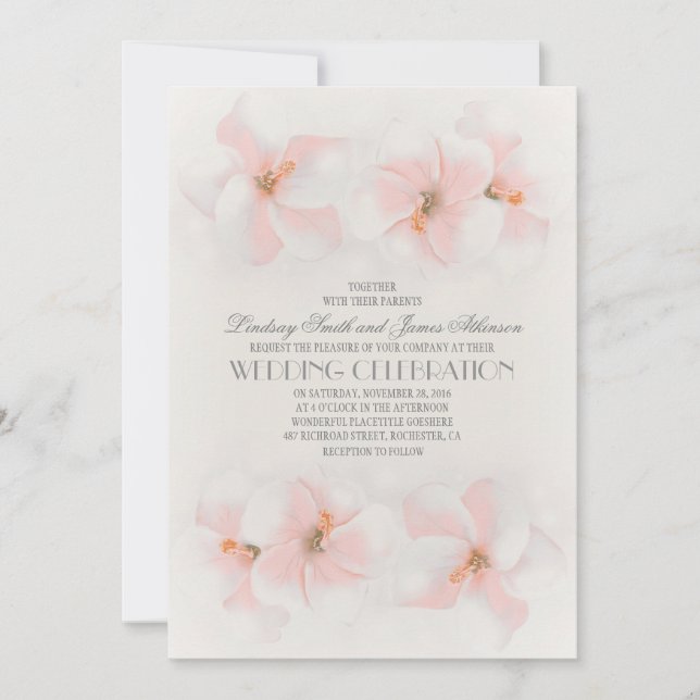 Beach wedding invitation with pink flowers (Front)