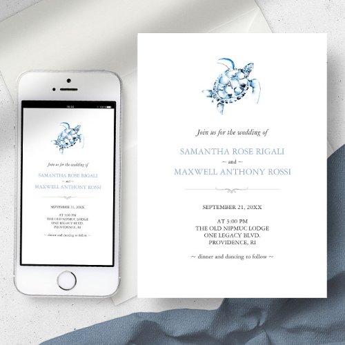 Beach Wedding Invitation with QR Code Blue