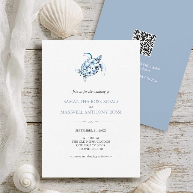 Beach Wedding Invitations Printing with QR Code (Beach wedding invitations printing features a watercolor sea turtle and QR-code Do Tell A Belle)