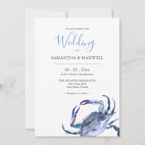 Beach Wedding Invitations Watercolor Blue Crab