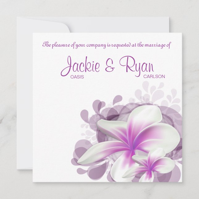 Beach Wedding Invite Plumeria Flower Purple White (Front)