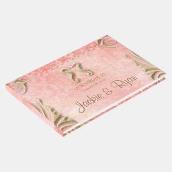 Beach Wedding Invite Seahorse Vintage Coral Gold Guest Book by WeddingShop88 at Zazzle