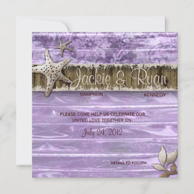 Beach Wedding Invite Seashell Purple Vintage Wood (Front)
