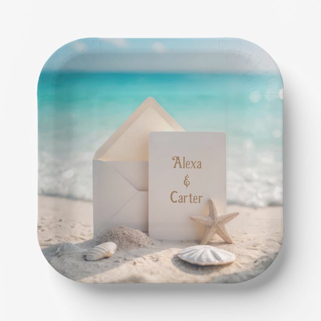 Beach Wedding Invite With Starfish Paper Plates (Front)