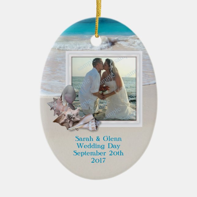 Beach Wedding Keepsake Photo Ornament (Front)