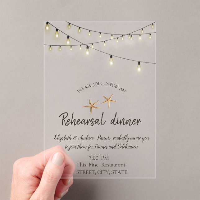 Beach Wedding, Lights Seashell Rehearsal Dinner Acrylic Invitations (Insitu (Handheld))