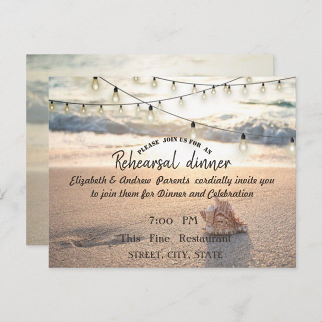 Beach Wedding, Lights Seashell Rehearsal Dinner Invitation (Front/Back)