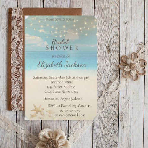 Beach Wedding Lights  Seashells Bridal Shower Invitation