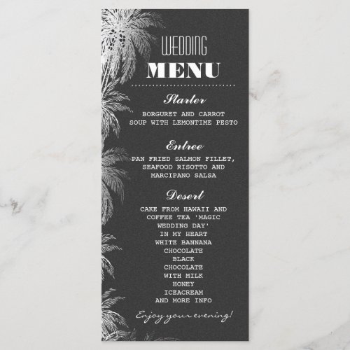 beach wedding menu cards with chalkboard palm tree