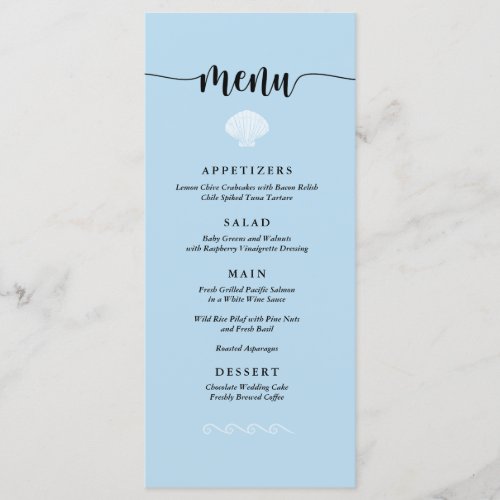 Beach Wedding Menu Seashell Seaside Beach Blue