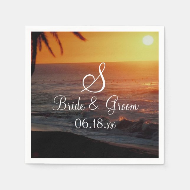 Beach Wedding Monogram Bride Groom Names Date Pape Napkins (Front)