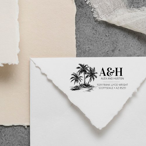 Beach Wedding Monogram Elegant Simple Palm Tree Self_inking Stamp