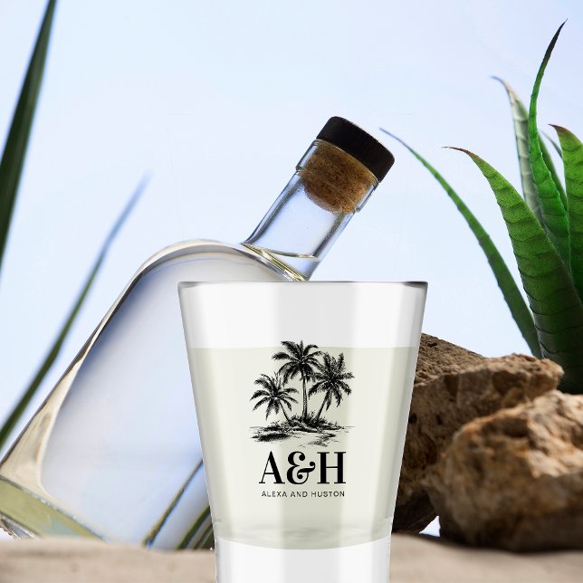 Beach Wedding Monogram Elegant Simple Palm Tree Shot Glass (Creator Uploaded)