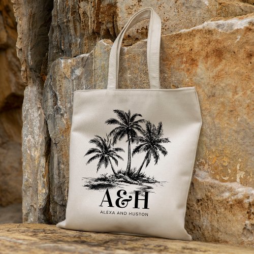 Beach Wedding Monogram Elegant Simple Palm Tree Tote Bag