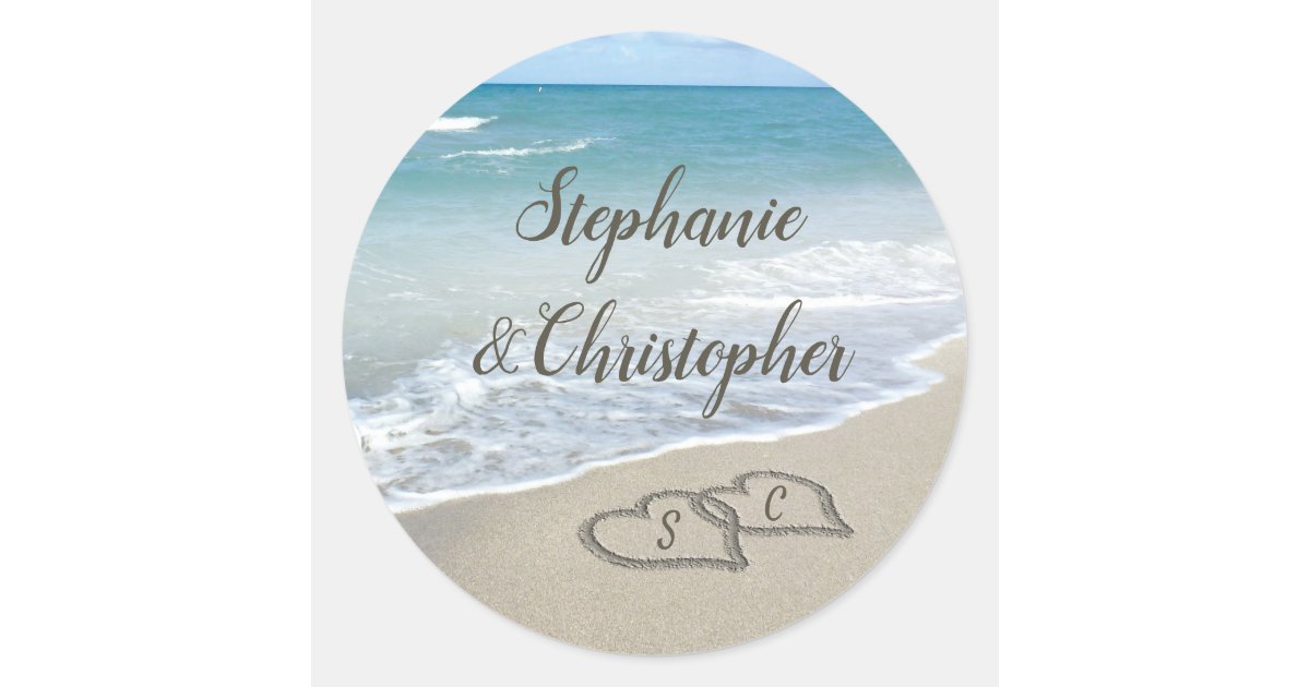 Beach Wedding Monogram Hearts in the Sand Classic Round Sticker