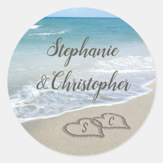 Beach Wedding Monogram Hearts in the Sand Classic Round Sticker