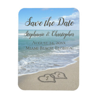 Beach Wedding Monogram Hearts in the Sand Magnet