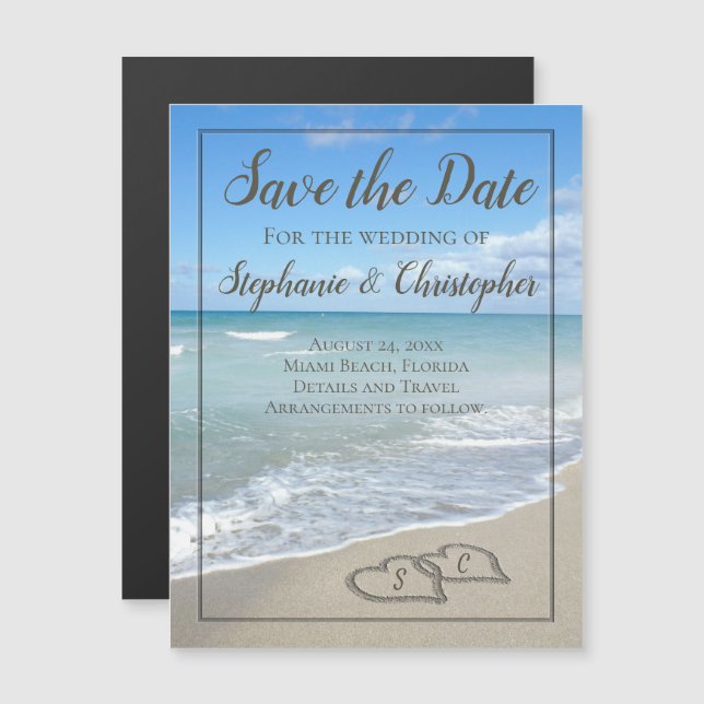 Beach Wedding Monogram Hearts in the Sand Magnetic Invitation (Front/Back)