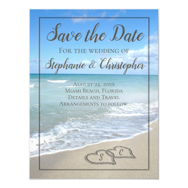 Beach Wedding Monogram Hearts in the Sand Magnetic Invitation