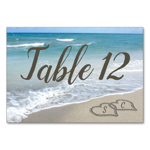 Beach Wedding Monogram Hearts in the Sand Table Number