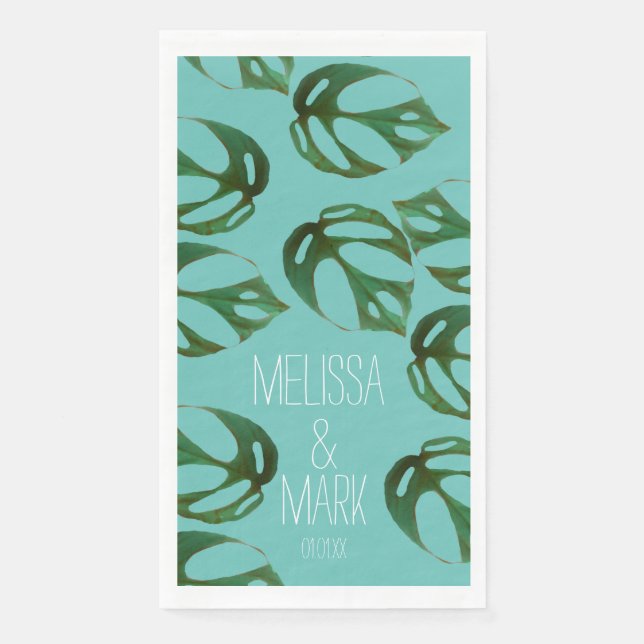 Beach Wedding Monstera Couples Name     Paper Guest Towels (Front)