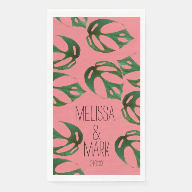 Beach Wedding Monstera Couples Name    Paper Guest Towels (Front)