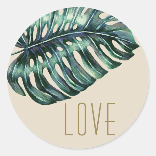 Beach Wedding Monstera Palm Favor Classic Round Sticker (Front)