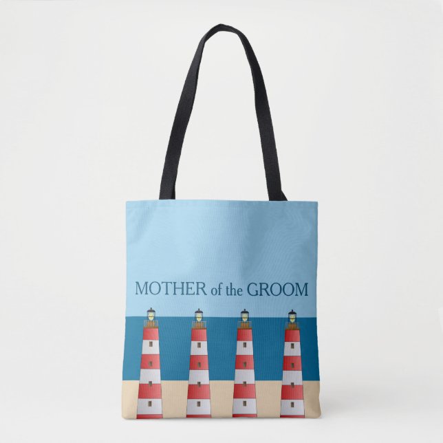 Beach wedding Mother Groom lighthouses sand sea. Tote Bag (Front)