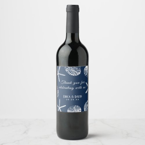 Beach Wedding Navy Blue Seashells Elegant Wedding Wine Label