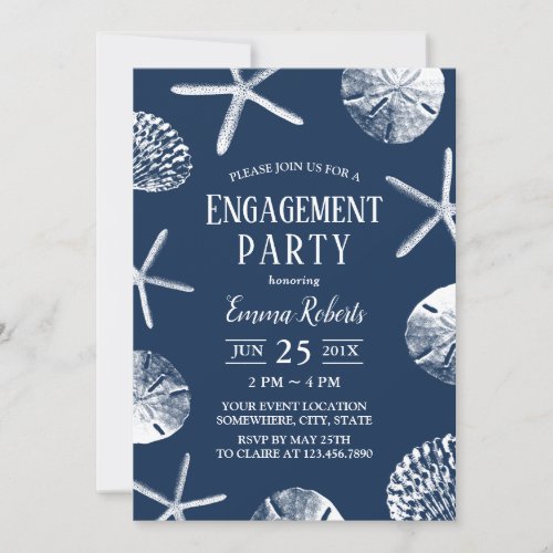Beach Wedding Navy Blue Seashells Engagement Party Invitation