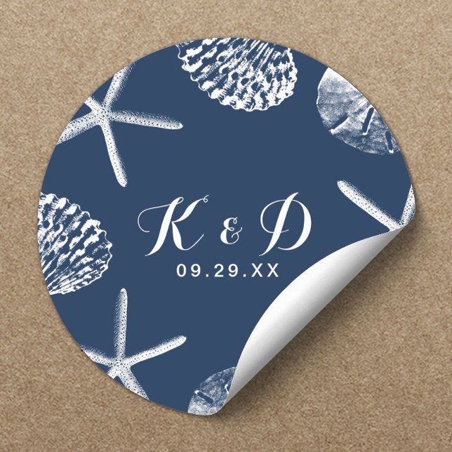 Beach Wedding Navy Blue Seashells Wedding Favor Classic Round Sticker (Creator Uploaded)