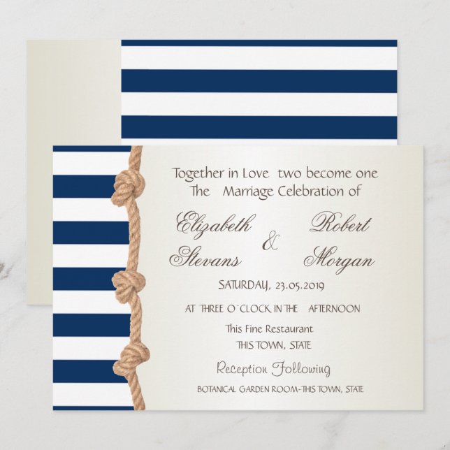 Beach Wedding Navy Rope,Hearts ,Stripes Invitation (Front/Back)