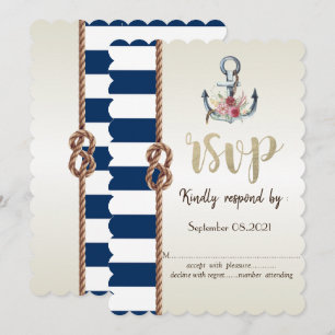 Beach Wedding Navy Rope,Striped  RSVP   Invitation
