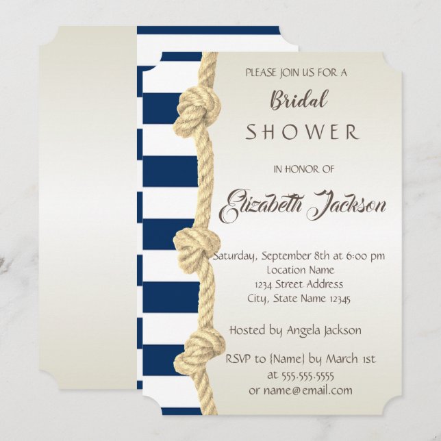 Beach Wedding,Navy Rope,Stripes  Bridal Shower Invitation (Front/Back)