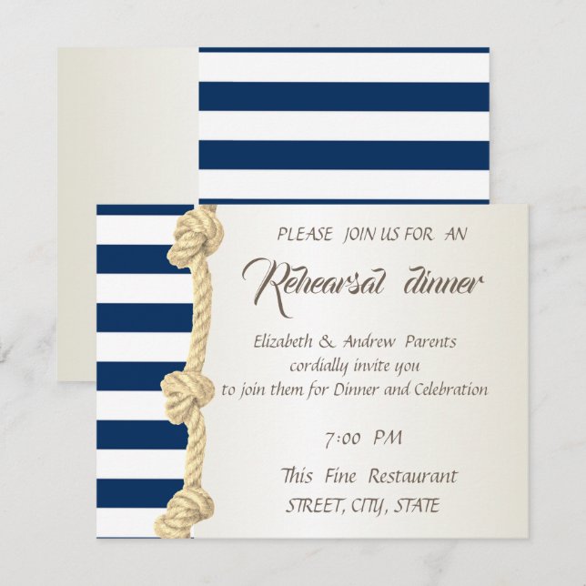Beach Wedding Navy Rope,Stripes  Rehearsal Dinner Invitation (Front/Back)