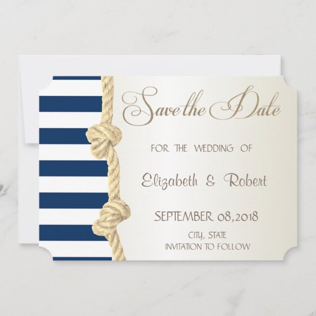 Beach Wedding,Navy Rope, Stripes Save The Date (Front)