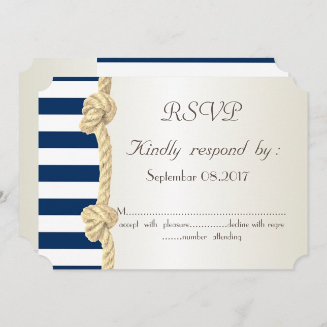 Beach Wedding,Navy Rope,Stripes Seashells  RSVP Invitation (Front/Back)