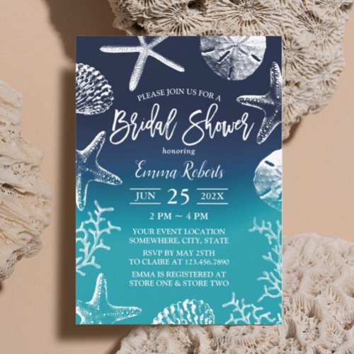 Beach Wedding Ocean Blue Seashells Bridal Shower Invitation
