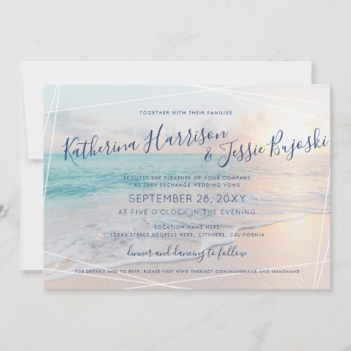 Beach Wedding Ocean Sunset Pink  Turquoise Invitation