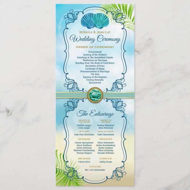 Beach Wedding Order of Ceremony Entourage Emerald Program (Front)