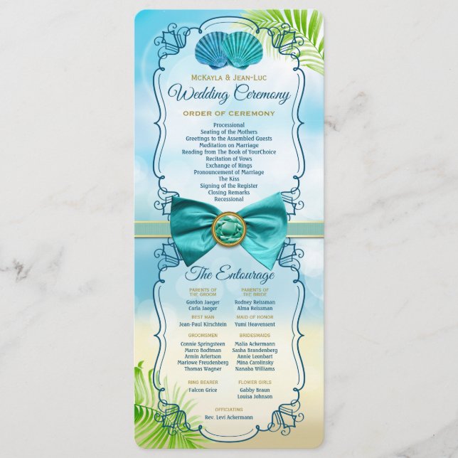 Beach Wedding Order of Ceremony Entourage Gem Bow Program (Front)