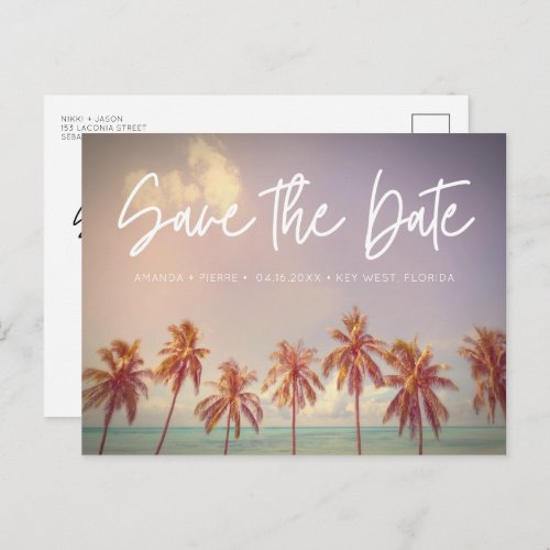 Beach Wedding Palm Tree Budget Save the Date Announcement Postcard
