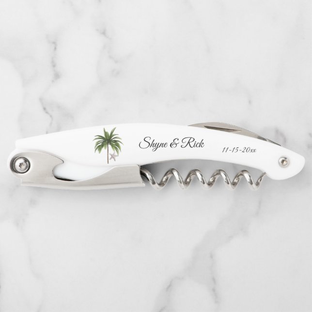 Beach Wedding Palm Tree Newlyweds Personalized Waiter's Corkscrew (Front)